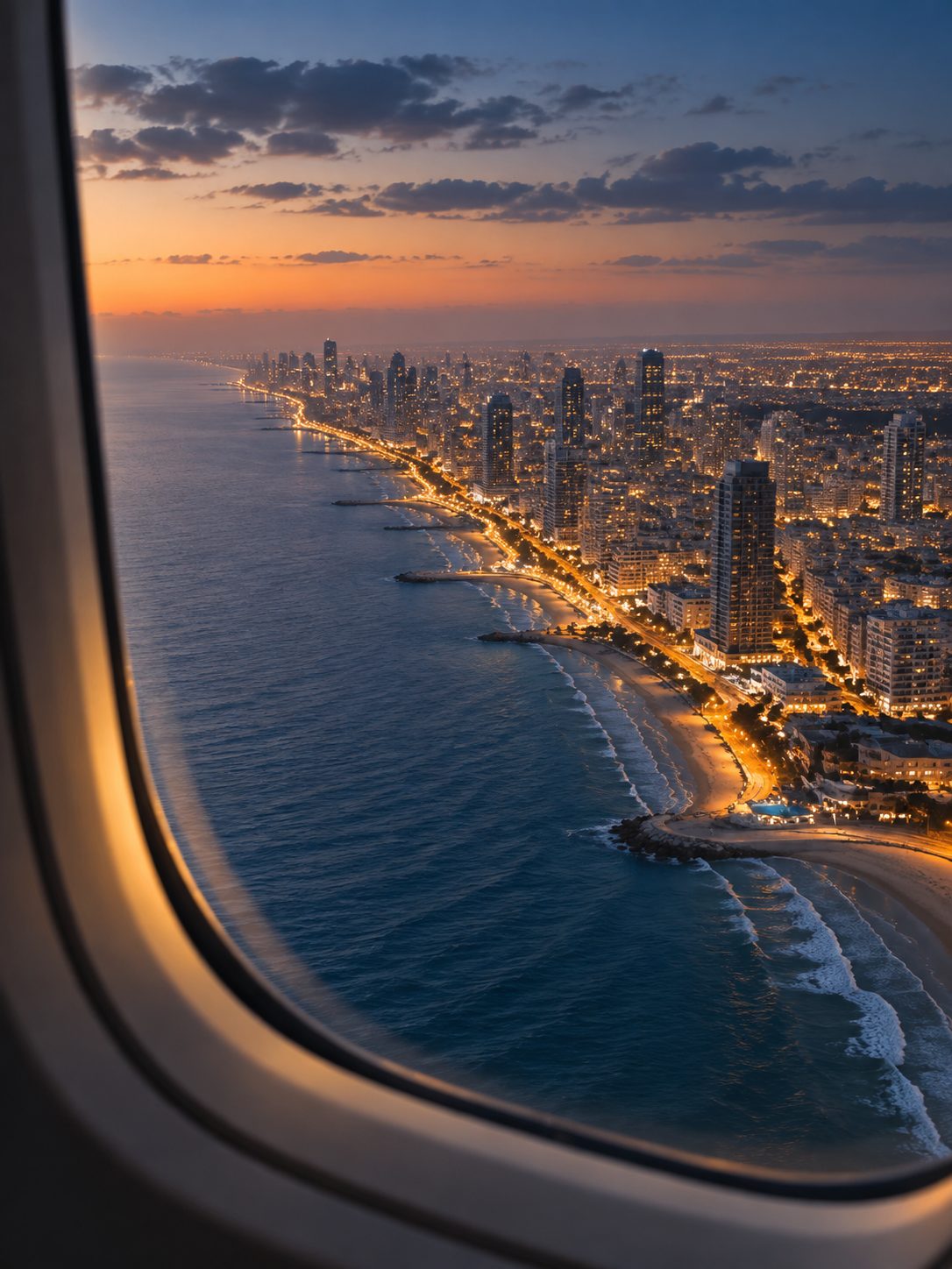 Tel Aviv coastline at twilight, seen through an airplane window